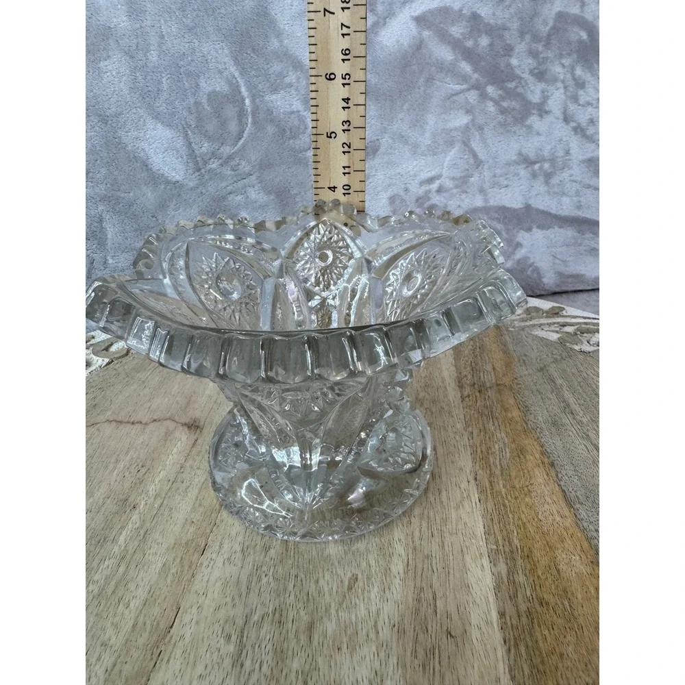 Vintage Clear Pressed Glass Starburst Pedestal Bowl Sawtooth Rim 5.5 Inch